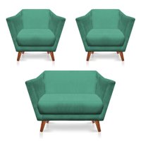 Kit 2 Poltronas e Namoradeira Pérsia Suede Azul Turquesa Pés Chanfrado Castanho - Pallazio