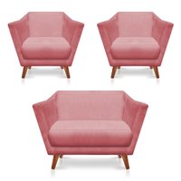 Kit 2 Poltronas e Namoradeira Pérsia Suede Rosê Pés Chanfrado Castanho - Pallazio