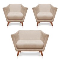 Kit 2 Poltronas e Namoradeira Pérsia Suede Bege Pés Chanfrado Castanho - Pallazio