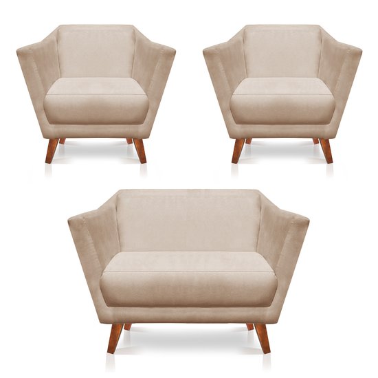 Kit 2 Poltronas e Namoradeira Pérsia Suede Bege Pés Chanfrado Castanho - Pallazio