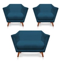 Kit 2 Poltronas e Namoradeira Pérsia Suede Azul Marinho Pés Chanfrado Castanho - Pallazio