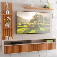 Painel Para Tv Até 65 Polegadas Dell 1 Porta 3 Prateleiras Ripado Off White/mel - Viero Móveis