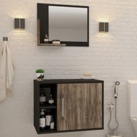 Armário De Banheiro 1 Porta 2 Prateleiras Com Espelho Preto ônix/carvalho Dark 14700 - Compace