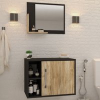 Armário De Banheiro 1 Porta 2 Prateleiras Com Espelho Preto ônix/carvalho 14700 - Compace
