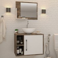 Armário De Banheiro Com Cuba E Espelho 1 Porta 2 Prateleiras Carvalho Dark/branco Chess 13688 - Compace