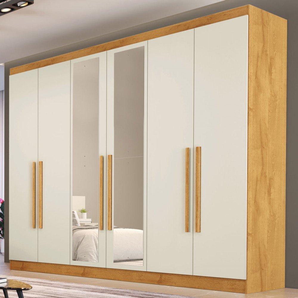 Guarda-roupa Casal Oslo 6 Portas 4 Gavetas 100% Mdf Com Espelho Peroba/off White - Mademarques