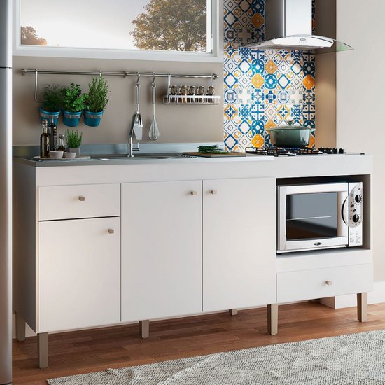 Balcão De Cozinha Para Pia 3 Portas 2 Gavetas Espaço Para Forno E Cooktop Itália Branco - Panorama Móveis
