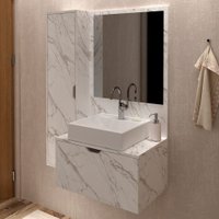 Armário De Banheiro 2 Portas 3 Prateleiras Com Espelho Mármore Branco Bn3604 - Tecno Mobili