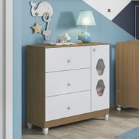Comôda Lolly Estrela Infantil Em Madeira - Branco/Almendra
