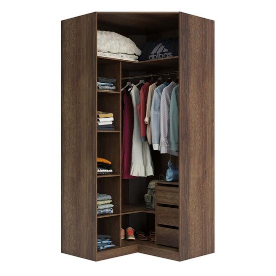 Guarda-Roupa / Roupeiro Closet Aberto Canto Diagonal 3 Gavetas 1 Cabideiro 111,90 cm Prime Luciane  - Nogueira Dourado