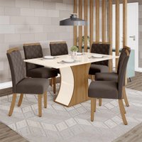 Conjunto Sala De Jantar Henn Amélia 6 Cad S/ Vidro - Nature/Off White/Marrom Amêndoa