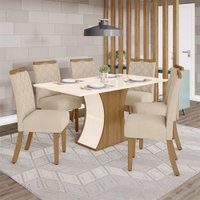 Conjunto Sala De Jantar Henn Amélia 6 Cad S/ Vidro - Nature/Off White/Linho