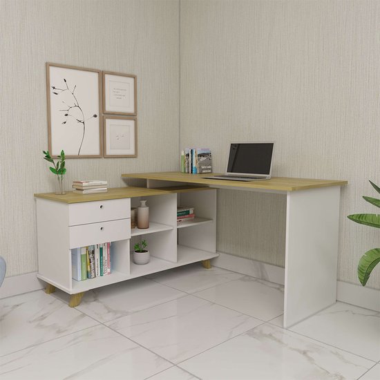 Escrivaninha Artany Gold Com Gavetas - Olmo/Branco