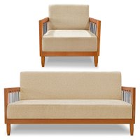 Kit Poltrona e Sofá Living 2 Lugares Marilia 1,60m Linho Dourado Base em Madeira Castanho - Pallazio