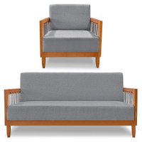 Kit Poltrona e Sofá Living 2 Lugares Marilia 1,60m Linho Grafite Base em Madeira Castanho - Pallazio