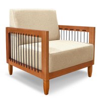 Poltrona Decorativa Marilia Linho Dourado Base em Madeira Castanho - Pallazio