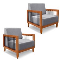 Kit 2 Poltronas Decorativa Marilia Linho Grafite Base em Madeira Castanho - Pallazio