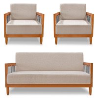 Kit 2 Poltronas e Sofá Living 2 Lugares Marilia 1,60m Linho Areia Base em Madeira Castanho - Pallazio