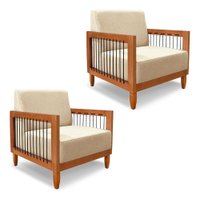 Kit 2 Poltronas Decorativa Marilia Linho Dourado Base em Madeira Castanho - Pallazio
