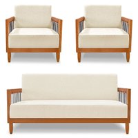 Kit 2 Poltronas e Sofá Living 2 Lugares Marilia 1,60m Linho Bege Base em Madeira Castanho - Pallazio