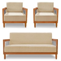 Kit 2 Poltronas e Sofá Living 2 Lugares Marilia 1,60m Linho Dourado Base em Madeira Castanho - Pallazio