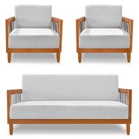 Kit 2 Poltronas e Sofá Living 2 Lugares Marilia 1,60m Linho Cinza Base em Madeira Castanho - Pallazio