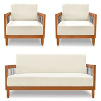 Kit 2 Poltronas e Sofá Living 2 Lugares Marilia 1,60m Linho Natural Base em Madeira Castanho - Pallazio