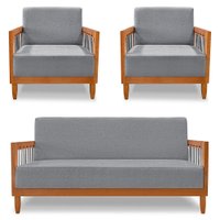 Kit 2 Poltronas e Sofá Living 2 Lugares Marilia 1,60m Linho Grafite Base em Madeira Castanho - Pallazio