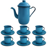 Kit Bule de Café E Chá Com 6 Xícaras e Pires Aço Esmaltado Azul