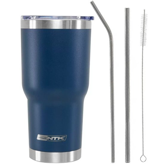 Copo Térmico NTK 850ml Aço Com Tampa Abre Fecha E Canudos 7896558453473 Azul Marinho