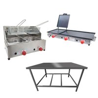 Kit Lanchonete Mesa de Manipulação 100x55cm, Chapa 90cm e Fritadeira a Gás 2 Cuba MSIS16+FPC02+CSA03 Alcamar