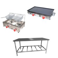 Kit Lanchonete Mesa de Manipulação 190x70cm, Chapa 60cm e Fritadeira a Gás 2 Cuba MSIS22+FC02+CS02 Alcamar