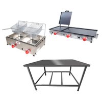 Kit Lanchonete Mesa de Manipulação 100x55cm, Chapa 90cm e Fritadeira a Gás 2 Cuba MSIS16+FC02+CSA03 Alcamar