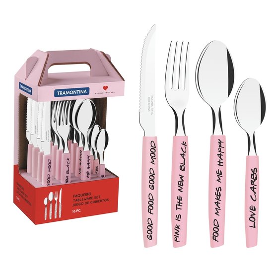 Faqueiro Tramontina My Lovely Kitchen com Lâminas em Aço Inox e Cabos de Polipropileno Rosa 16 Peças Modelo 29899091