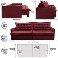 Sofá Sem Caixa Retrátil e Reclinável 1,95m Cama inBox Versátil Suede Velusoft Vinho