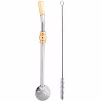 Bomba 25cm Chimarrão Tereré Banhada Ouro 18k Mais Escovinha Bortonaggio - D258 - Aço Inox