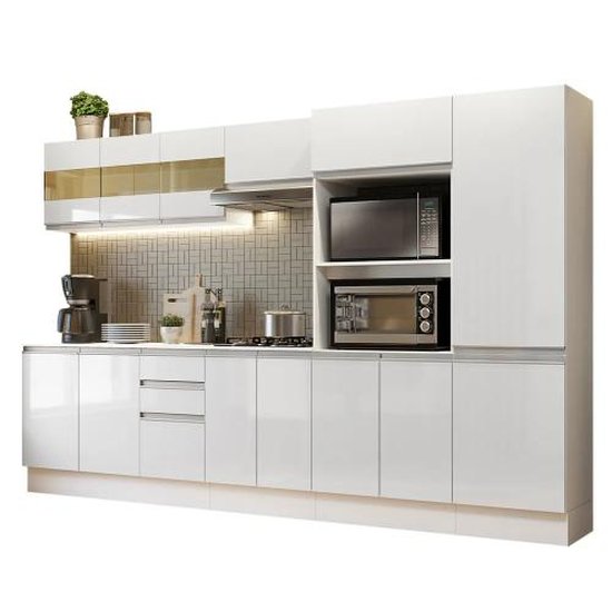 Armário de Cozinha Completa 100% MDF 300cm Frentes Branco Brilho Smart Madesa 02