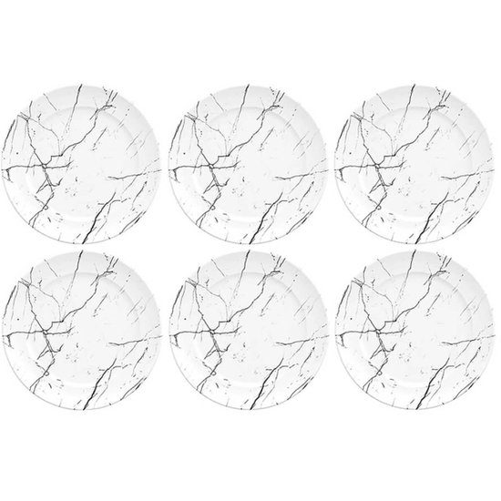 Jogo 6 Pratos de Sobremesa de Porcelana Germer Mármore Branco Raso Redondo 20,5cm