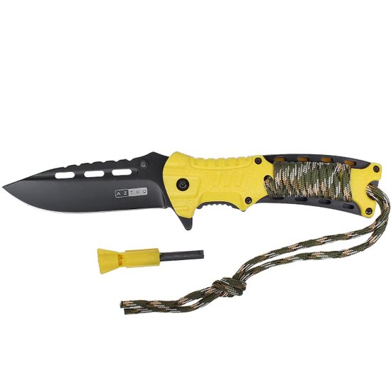 Canivete Dobrável em Aço Inox 420C com Apito e Pederneira Xisco Azteq Amarelo