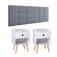 Kit Cabeceira Suspensa Cama Box Casal 1,40 Bia Cinza Linho e Mesinha Decore Quarto Branco -Lojas RPM