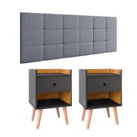 Kit Cabeceira Cama Box Casal 1,40 Bia Cinza Linho e 2 Mesinhas Decore Quarto Preto/Nature -Lojas RPM