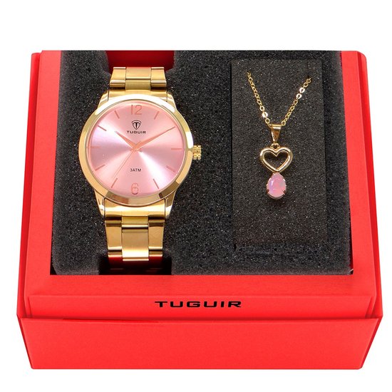 Kit Relógio Feminino Tuguir Analógico TG112 - Dourado com Brinde