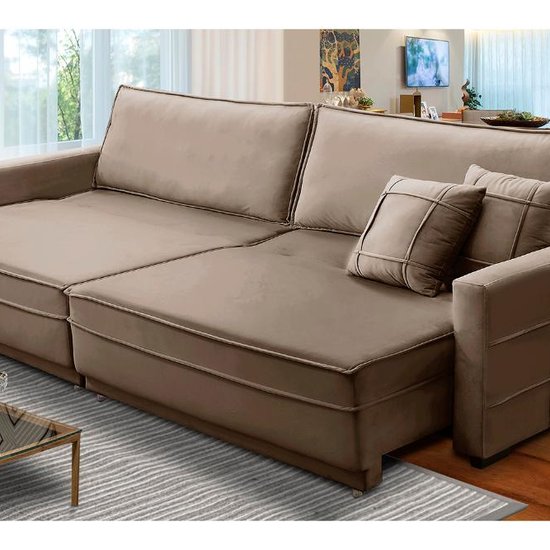 Sofá Cama Retrátil e Reclinável 2,10m com Molas Karen Veludo Cappuccino Adonai Estofados