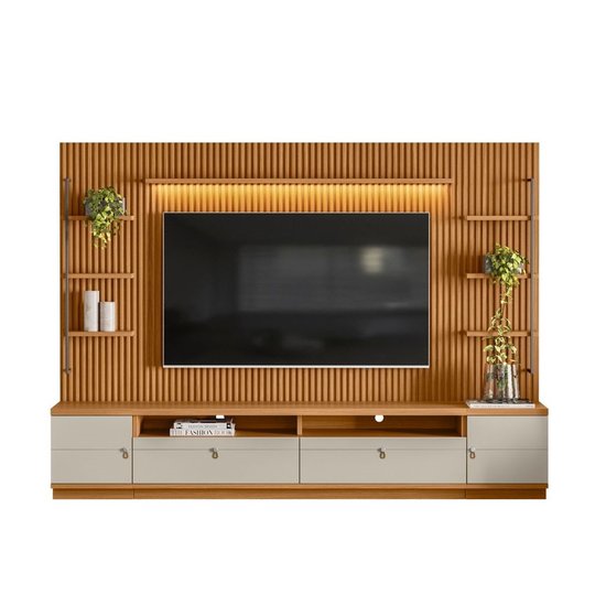 Rack com Painel Ripado 2 Módulos Laterais Ouro Preto Linea Brasil