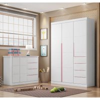 Guarda Roupa e Comoda Infantil Phoenix Baby Eloa 5 portas 8 Gavetas - Branco/Rose