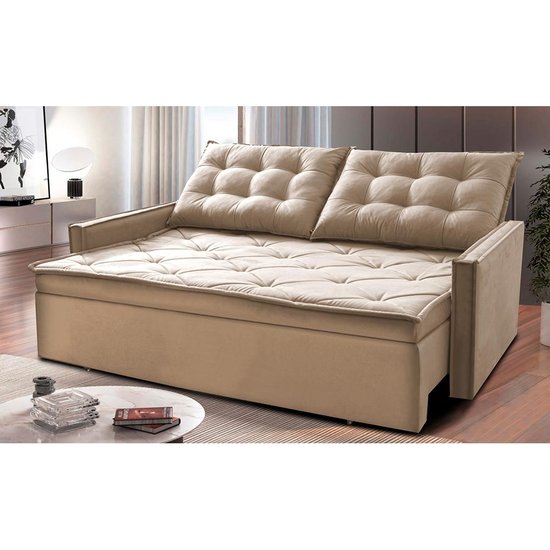 Sofá Bege Sem Caixa Retrátil e Reclinável 1,85m Cama inBox Studio Suede Velusoft