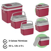 Kit Conjunto Caixa Térmica Cooler Vermelha Grande 32 L 12L 5L Praia Pesca Camping Com Alça Soprano