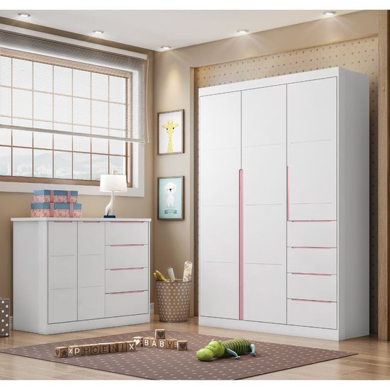 Guarda Roupa e Comoda Infantil Eloa 5 portas 8 Gavetas Phoenix Baby