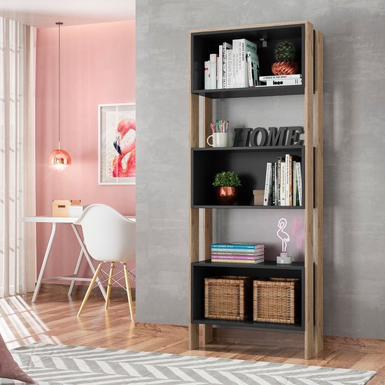 Estante Livreiro  Qmovi 3 Nichos 3440.58 Preto Fosco/Carvalho