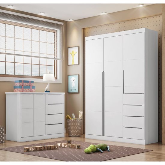 Guarda Roupa e Comoda Infantil Phoenix Baby Eloa 5 portas 8 Gavetas 12604 - Branco com Cinza